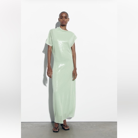 Zara Dresses & Skirts - Zara SEQUIN ASYMMETRIC KNIT DRESS LIMITED EDITION. Sea Green. Size S. NWT.